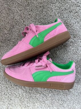Puma Palermo Suede Sneakers in Pink & Green with Gum Sole